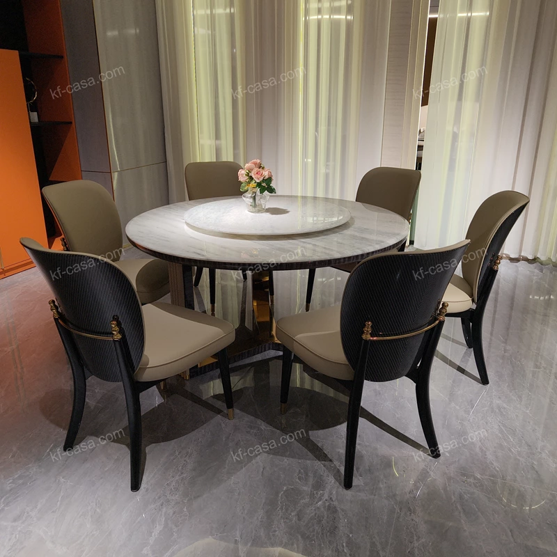 Mirror-Polished Steel Dining Table with White Marble Top and Woven Leather Accents